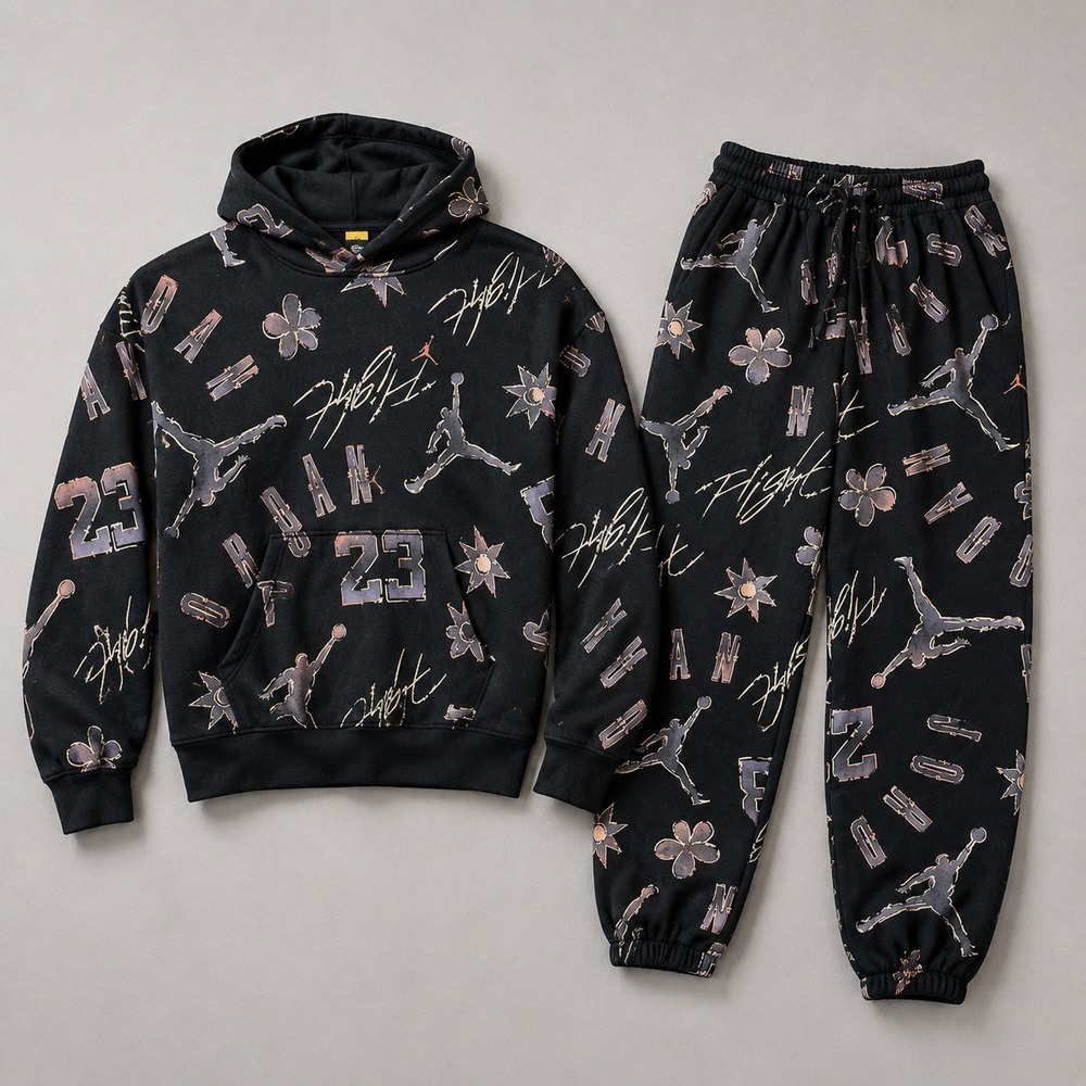 1433 | Jordan Flight Graphic Print Fleece Hoodie & Joggers Set Black Kids L